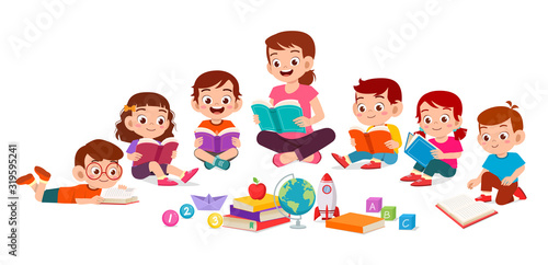 happy cute little kids boy and girl study with teacher