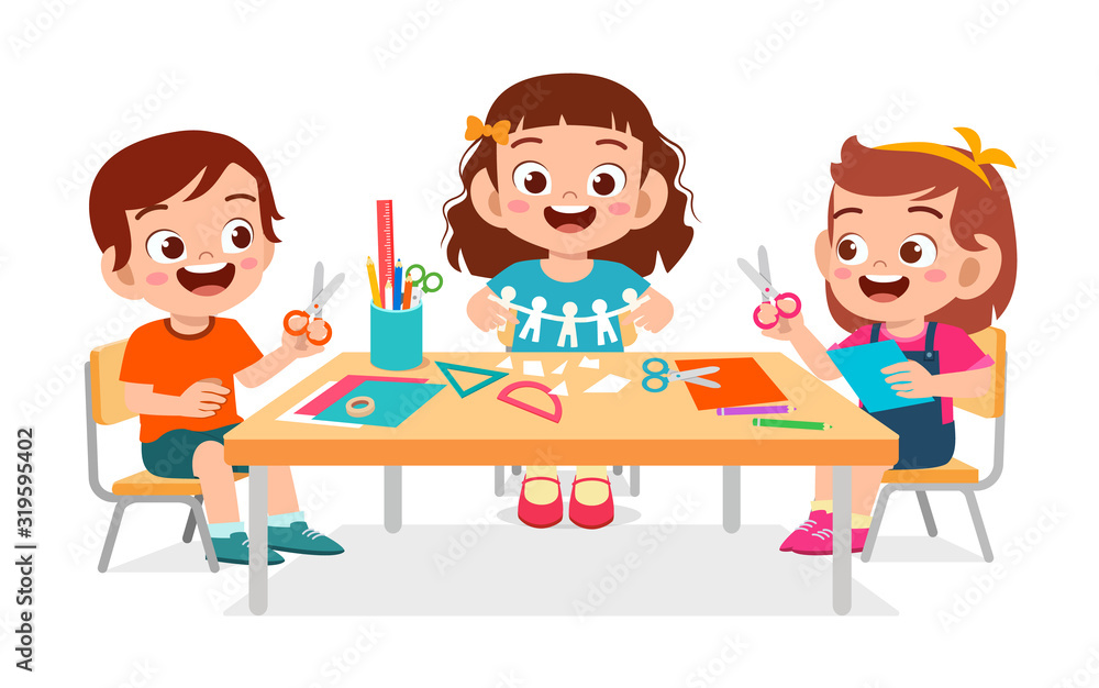 happy cute little kids boy and girl make paper craft happy cute little kids boy and girl make paper craft