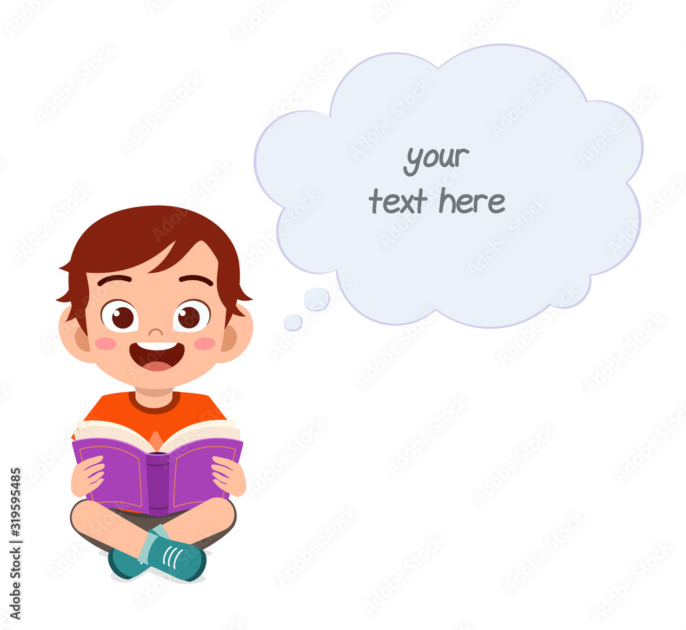 happy cute little kid boy read book