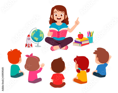 happy cute little kids boy and girl study with teacher