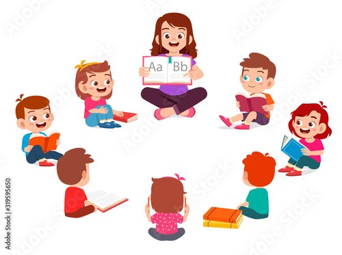 happy cute little kids boy and girl study with teacher