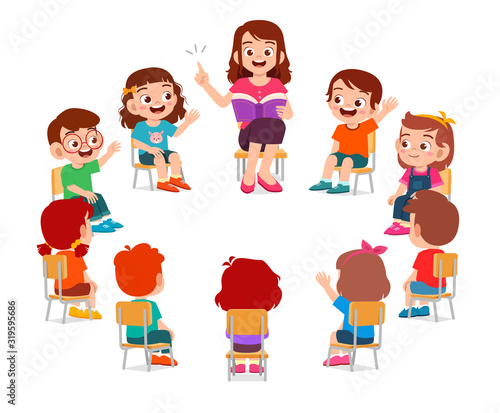 happy cute little kids boy and girl study with teacher