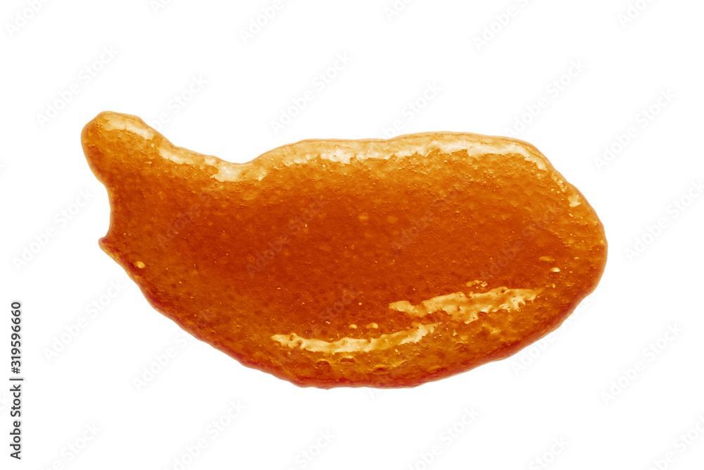 Brown sugar face scrub smudge isolated on white. Skin exfoliation mask smear. Natural homemade cosmetics, skincare product swatch