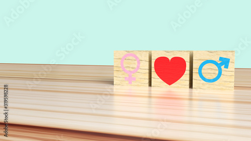 The gender on wooden cube with symbol to love 3d rendering for valentine day.