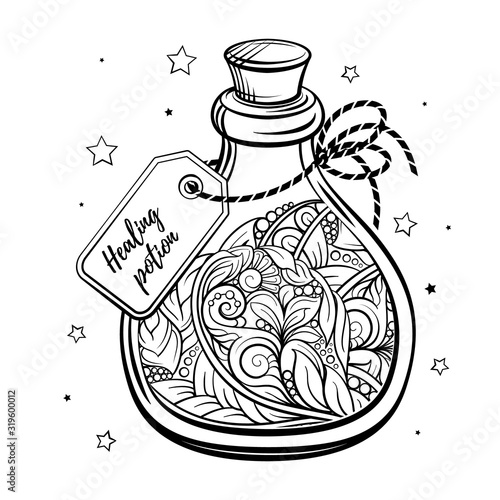 Bottle with magic calming potion. Black and white vector graphic. Antistress coloring page.