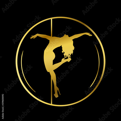 Gold logo for Dance studio, Pole dance, stripper club. Silhouette pole dance on a black background. Pole dance exotic vector illustration. Vector illustration for logotype, icon, banner