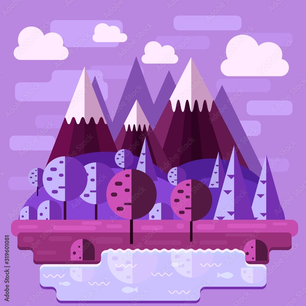 Fantastic landscape with a lake where fish swims, in the distance you can see mountains, hills, trees reflected in the water. Vector illustration. Fantastic landscape with a lake where fish swims, in the distance you can see mountains, hills, trees reflected in the water. Vector illustration.