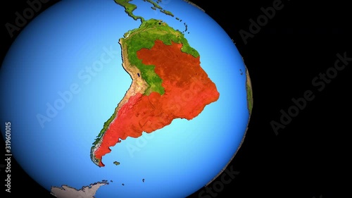 Closing in on Mercosur memebers on political 3D globe with topography. 3D illustration. photo