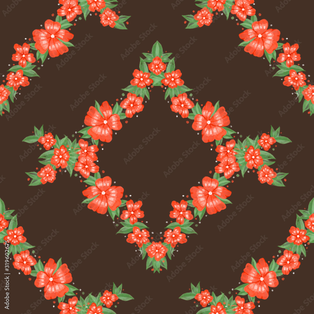 Seamless watercolor floral pattern in shades of pink, soft red and green. All over hand-painted texture for fashion textile printing, gift wrap and wallpaper backgrounds