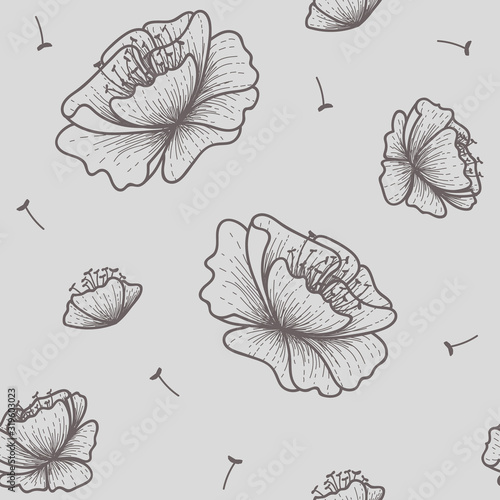 Outlined flowers in gray seamless repeat pattern