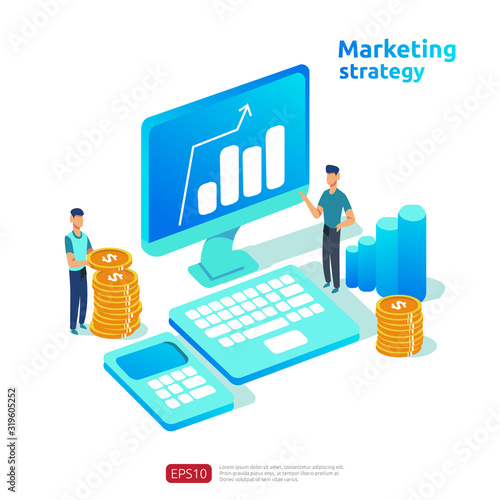 business growth and return on investment ROI. digital marketing strategy concept with table, graphic object on computer screen. chart increase profit. banner flat style vector illustration