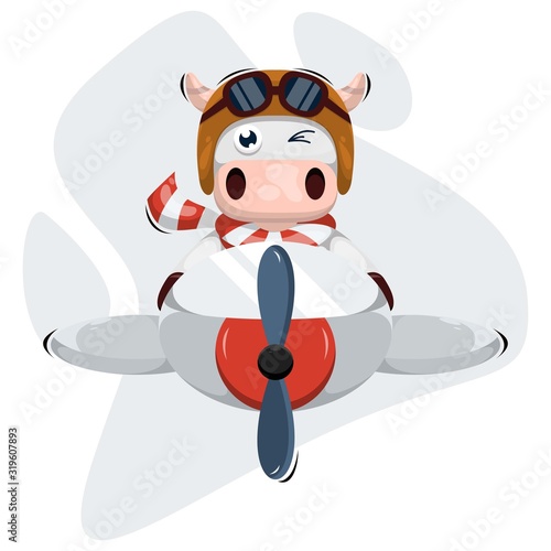 Cute cow with plane cartoon design vector