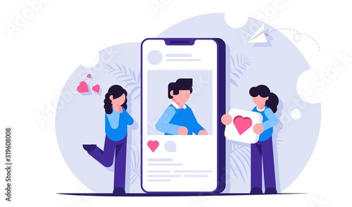 Social network. Dating sites. Girls consider the profile of a cute guy. Interest in communication. The desire to put like button. Flat modern illustration for background.