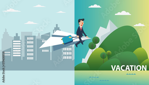 Businessman flying on a paper plane towards an island for vacation. Business people vacation concept. Holidays time, recreation and travel vector design