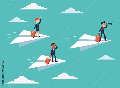 Businessman and business woman with suitcase on paper plane. Business people vacation concept. Holidays time, recreation and travel vector design