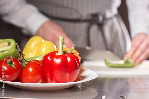 Closeup of fresh vegetable. Cooking in a restaurant kitchen