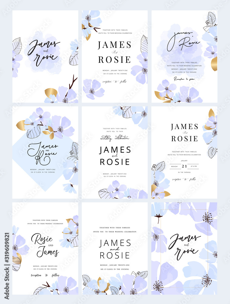 Naklejka premium Set of sky Blue minimal Wedding Invitation, floral invite thank you, rsvp modern card Design in blue flower with leaf greenery branches decorative Vector elegant rustic template