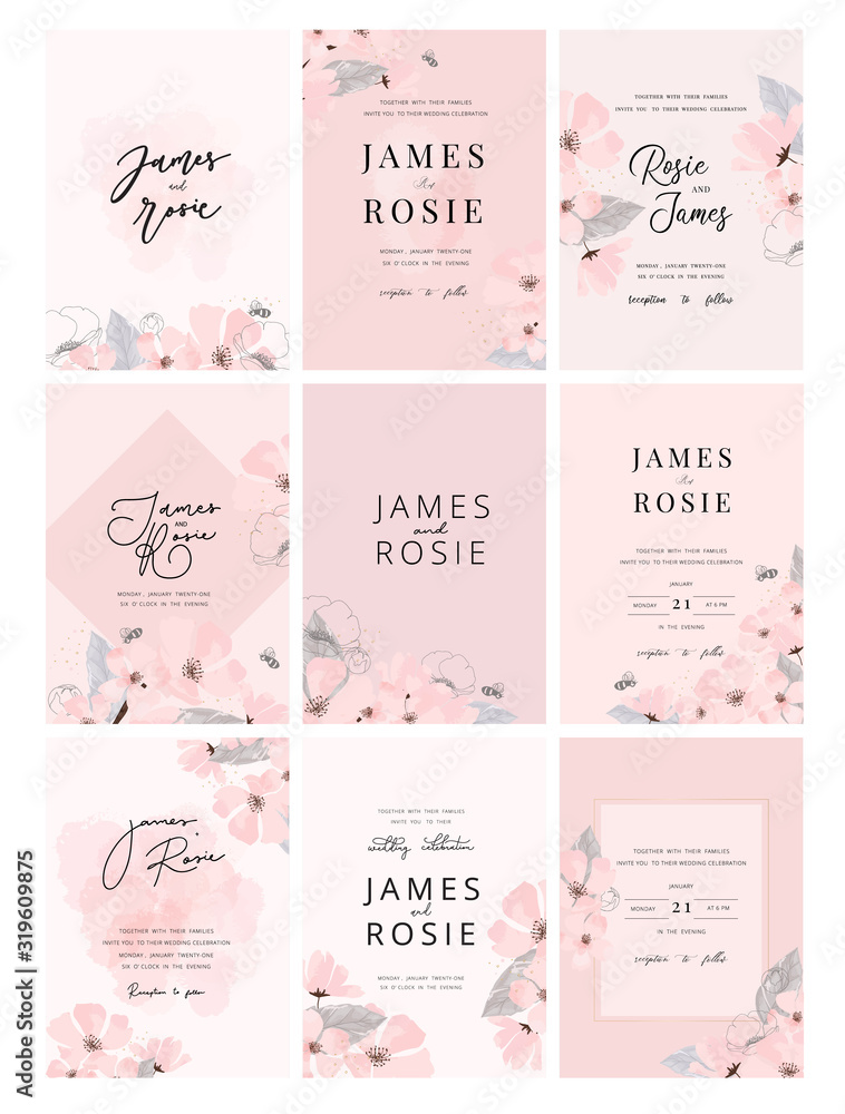 Plakat Set of Minimal pink Wedding Invitation, floral invite thank you, rsvp modern card Design in cherry blossom decorative Vector elegant rustic template