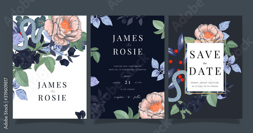 Navy Blue Luxury Wedding Invitation, floral invite thank you, rsvp modern card Design in gold flower with  leaf greenery  branches decorative Vector elegant rustic template