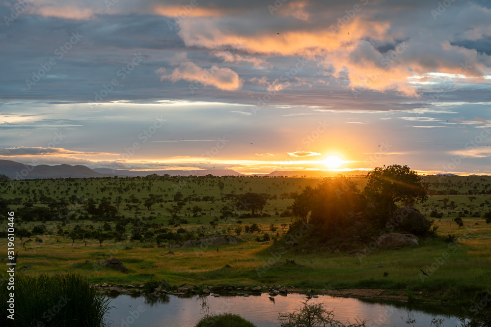Beautiful and dramatic african landscape, sunset in Serengeti