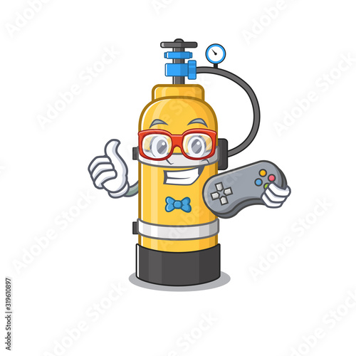 Smiley gamer oxygen cylinder cartoon mascot style