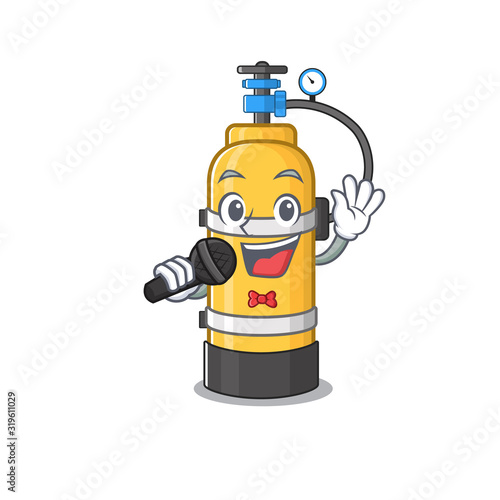 Happy oxygen cylinder singing on a microphone