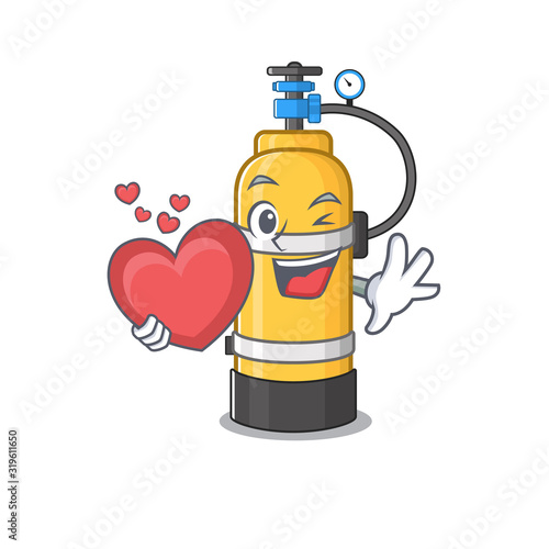 Funny Face oxygen cylinder cartoon character holding a heart