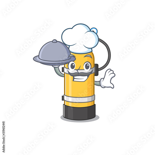 cartoon design of oxygen cylinder as a Chef having food on tray