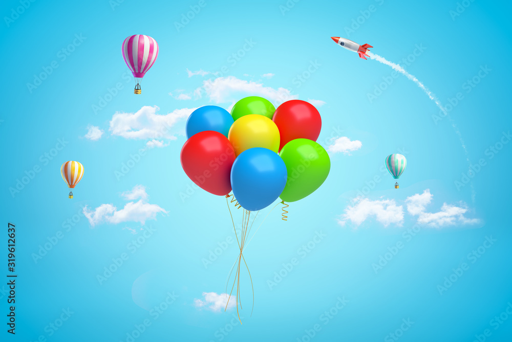 3d rendering of set of colorful balloons with hot air ballons and clouds on blue sky background. 3d rendering of set of colorful balloons with hot air ballons and clouds on blue sky background.