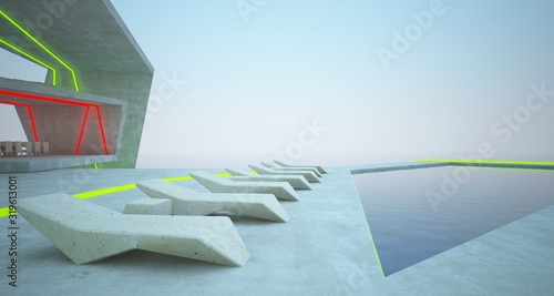 Abstract architectural concrete interior of a modern villa on the sea with colored neon lighting. 3D illustration and rendering. © SERGEYMANSUROV