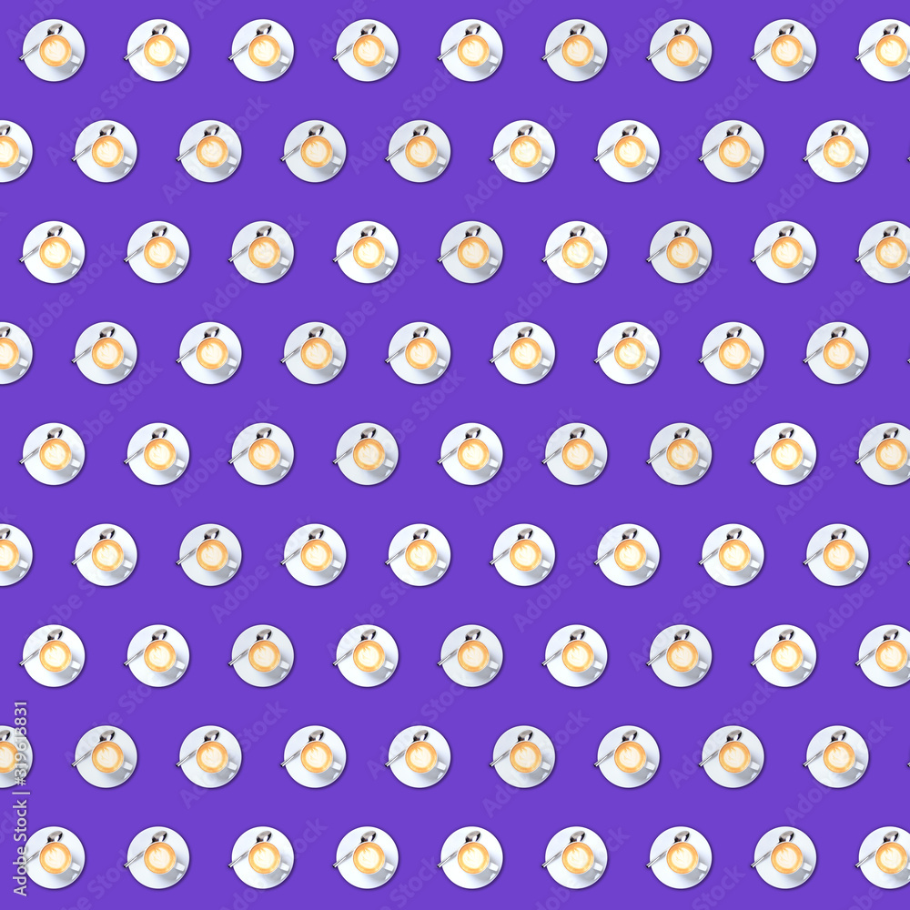 Coffee cup seamless pattern on solid violet background. Modern futuristic design