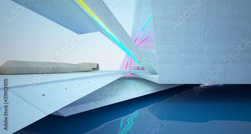 Abstract architectural concrete  wood and glass interior of a modern villa  with colored neon lighting. 3D illustration and rendering.