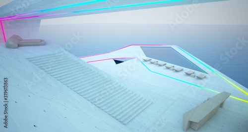 Abstract architectural concrete, wood and glass interior of a modern villa with colored neon lighting. 3D illustration and rendering.