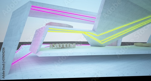 Abstract architectural concrete, wood and glass interior of a modern villa with colored neon lighting. 3D illustration and rendering.