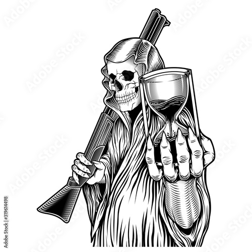 the time ,grim reaper handling hourglass and gun,get busy living or get busy dying hand drawing vector