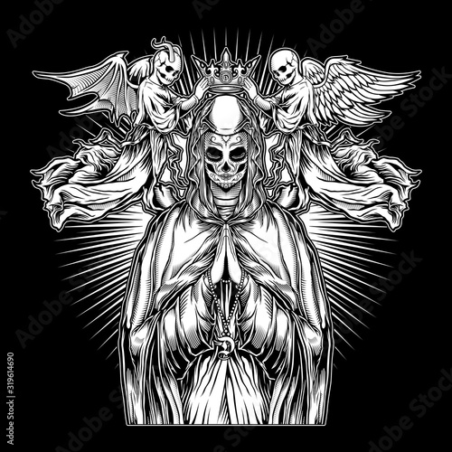 the nun,the power of pray colorful badge with dead woman head in hood and praying skeleton hands holding rosary in vintage style isolated vector illustration