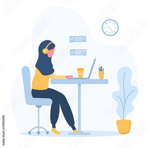 Womens freelance. Arabian girl in headphones with laptop sitting at a table. Concept illustration for working, studying, education, work from home, healthy lifestyle. Vector illustration in flat style
