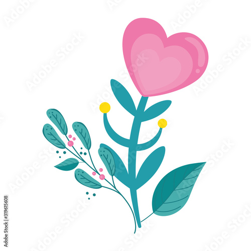 cute flower in shape heart with branches and leafs