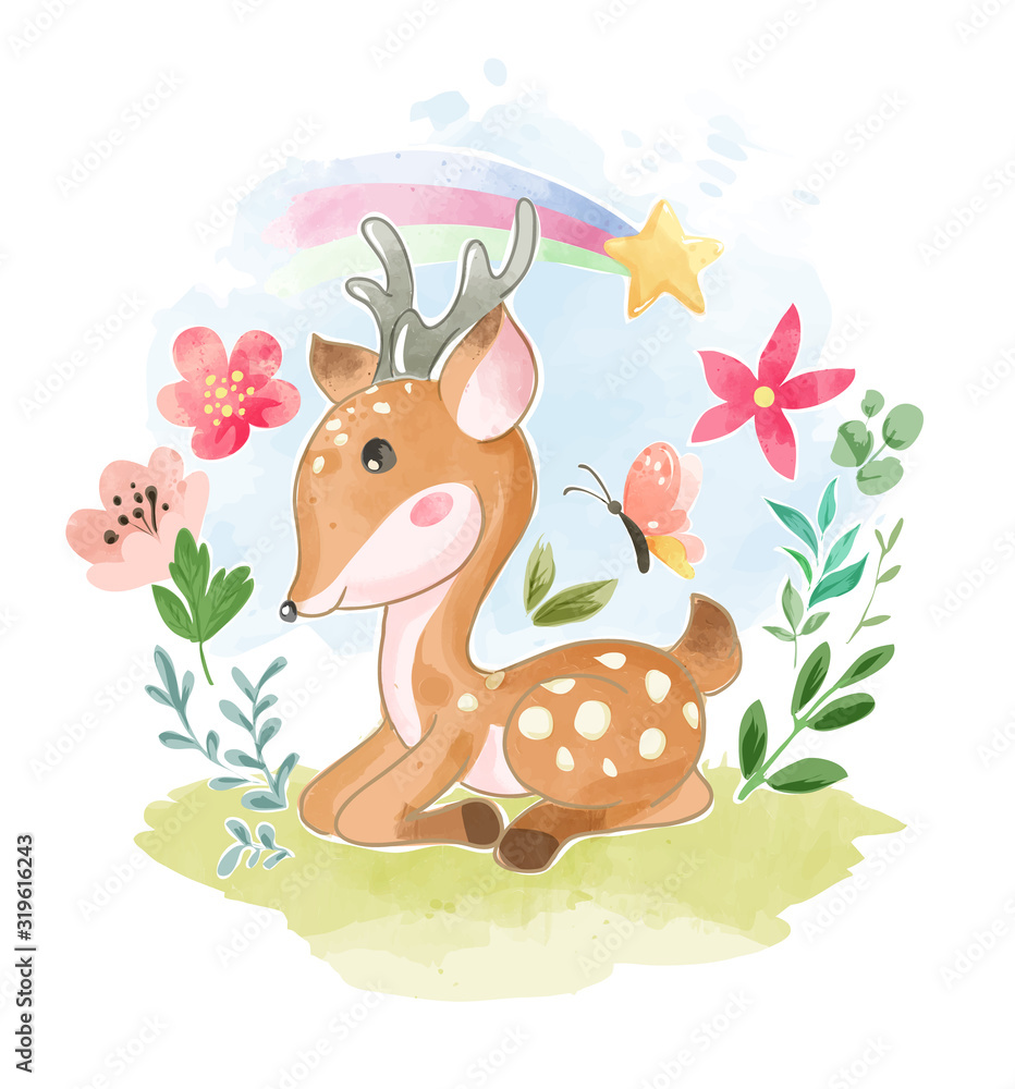 Plakat kreskówka jeleń siedzący na ilustracji w ogrodzie kwiatowym