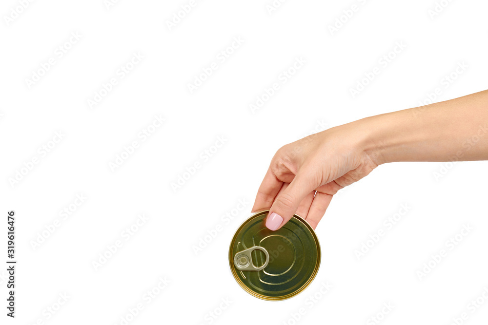 Fototapeta premium Can with opener. Canned prepared food, conserved snack.