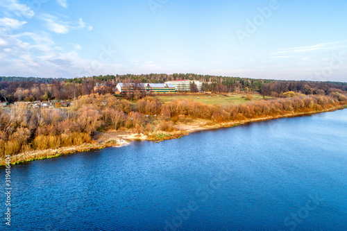 Wide big river. Autumn landscape, aerial view.