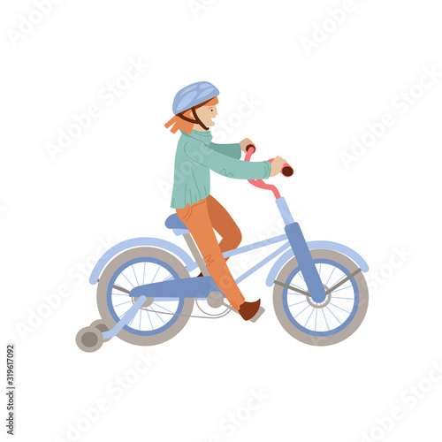 Cute teen or pre-teen girl ride a 4 wheel bike in a helmet, doing sport summer activities. Smiling happy girl on a bicycle, vector illustration, isolated on white background.
