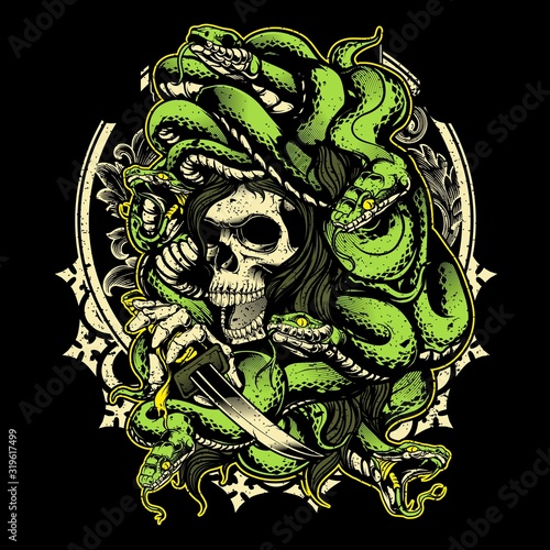 skull medusa with snake hand drawing vector