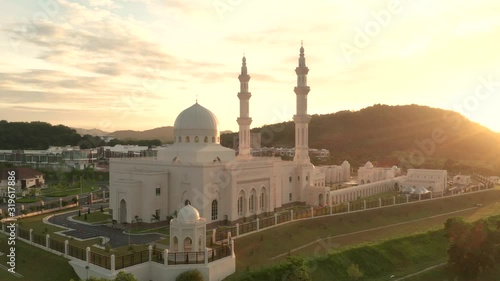 Aerial view of a sunset drone at Sri Sendayan Mosque, Negeri Sembilan, Malaysia. Sri Sendayan Mosque is a mosque located in the town of Sri Sendayan, Negeri Sembilan.