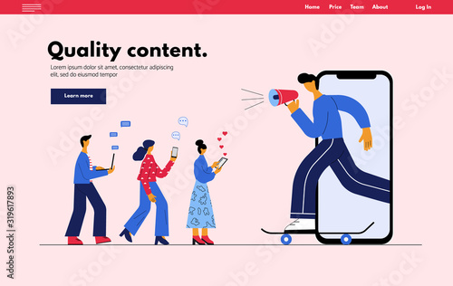 Online social marketing blogging concept.  Man with megaphone on a skateboard. Social media blogger promotion service for followers.  Flat vector illustration in trendy cartoon style.