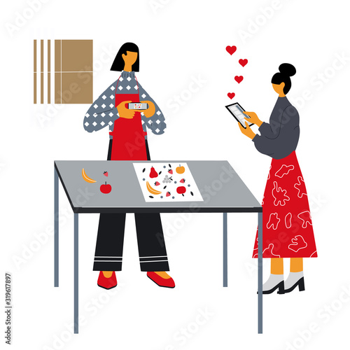 Group of food bloggers creating a content to share with followers. Young girl makes a photo of fruits. Another woman writing massages. Flat cartoon vector illustration.