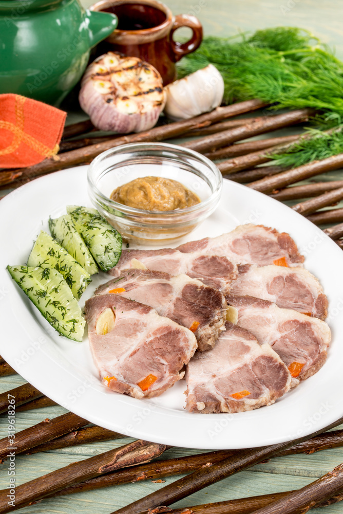 Boiled pork with pickles and fresh herbs Boiled pork with pickles and fresh herbs