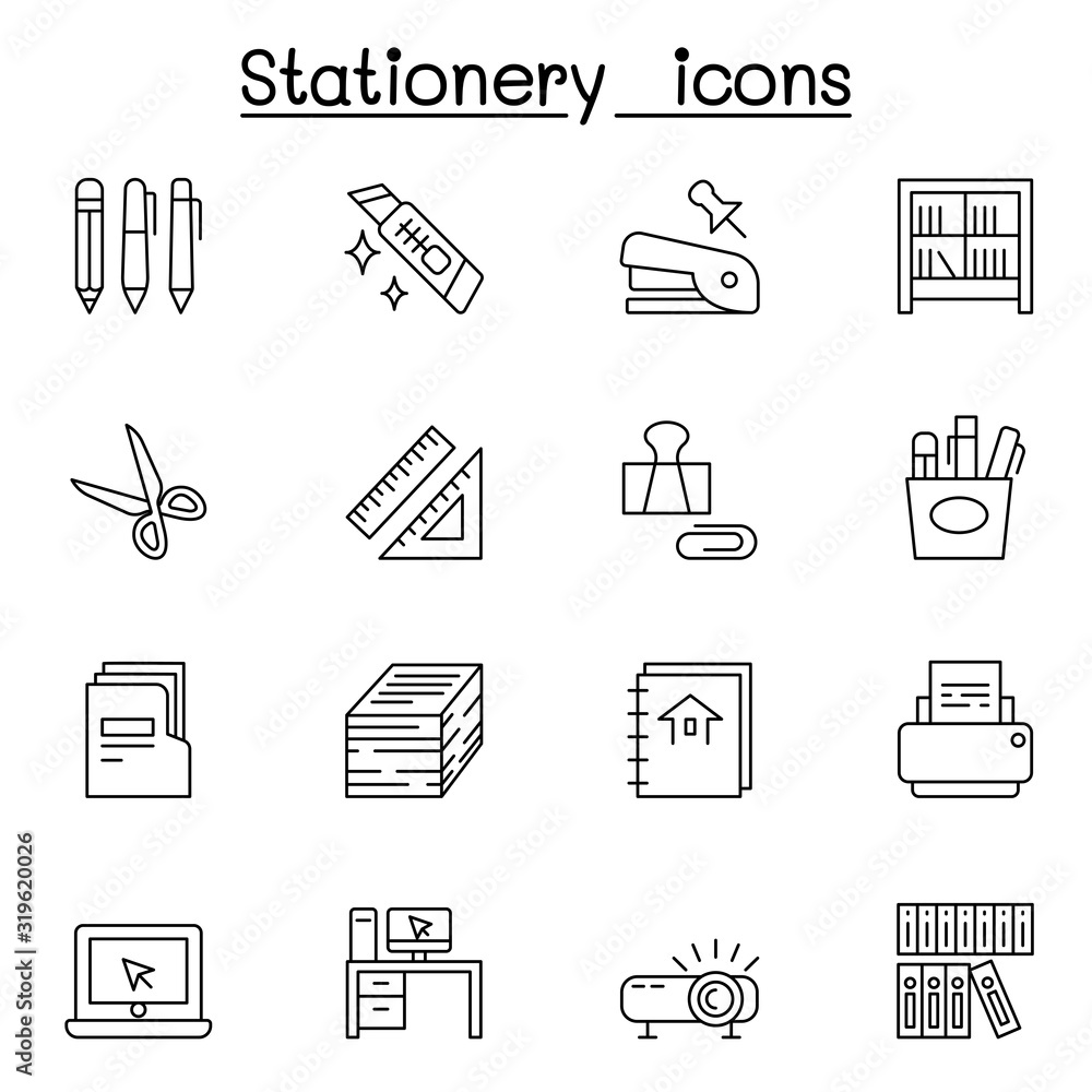 Fototapeta premium Stationery icon set in thin line style