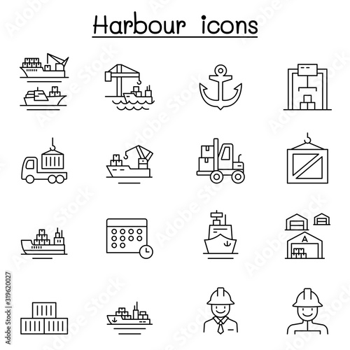 Port icon set in thin line style