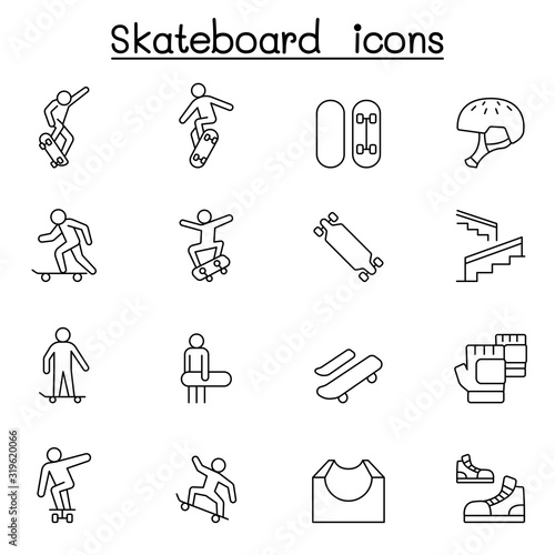 Skateboard icon set in thin line style